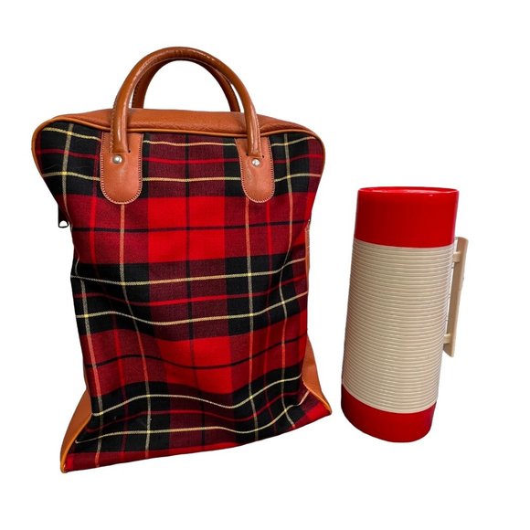 Vintage Plaid Picnic Tote with Aladdin Thermos Red Black Tan Zippered Bag Case - Picture 1 of 11